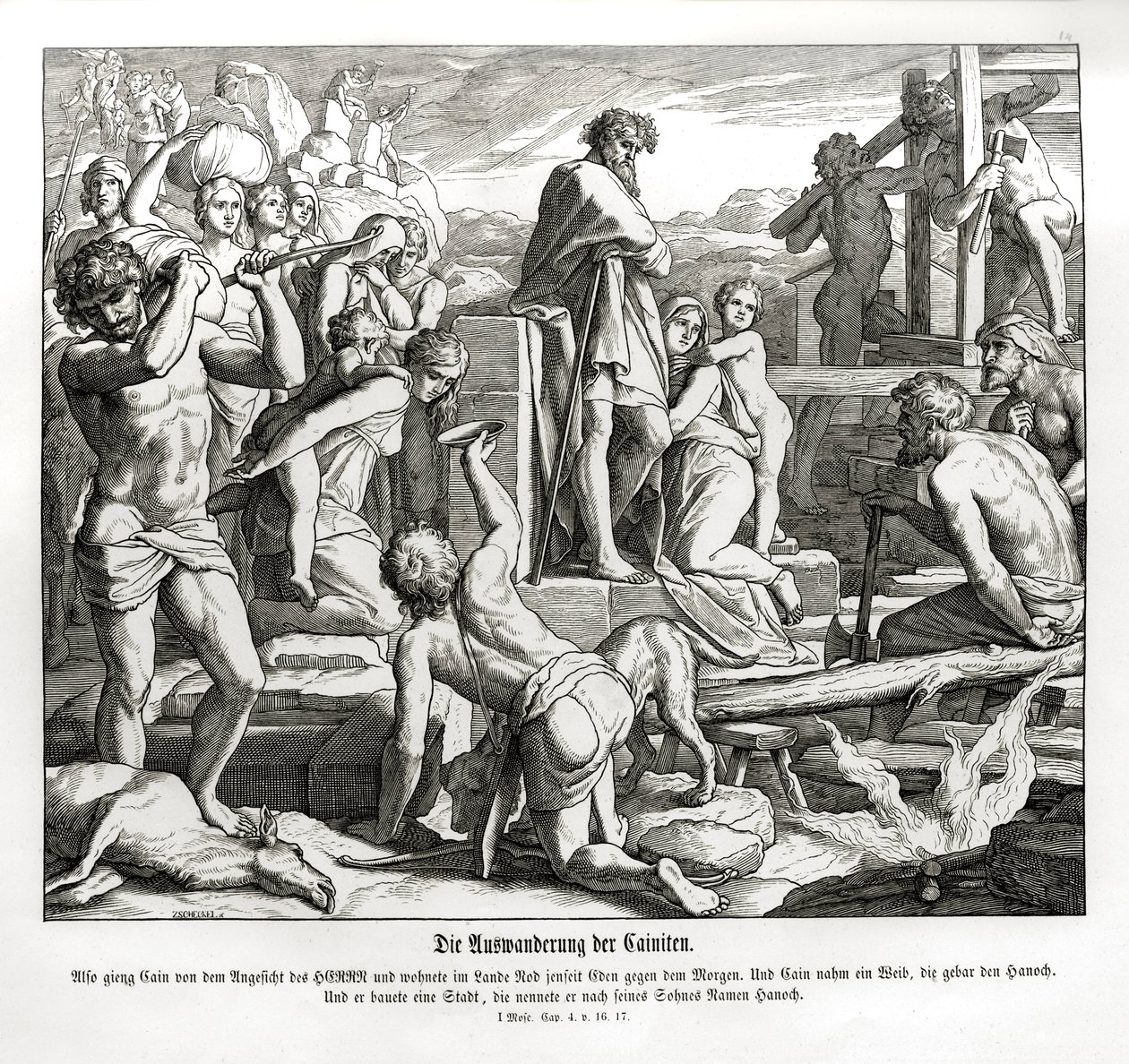 Kainův život v Nodu po jeho vyhnanství, Genesis od Julius Schnorr von Carolsfeld