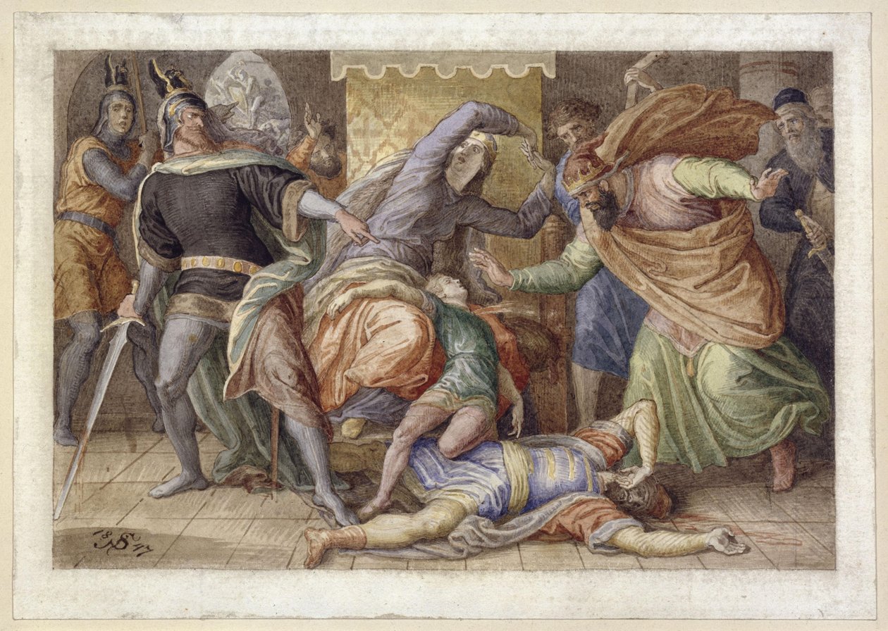 Hagen zabíjí Ortlieba (Umírající Ortlieb v náručí Kriemhildy; podle Písně o Nibeluncích) od Julius Schnorr von Carolsfeld