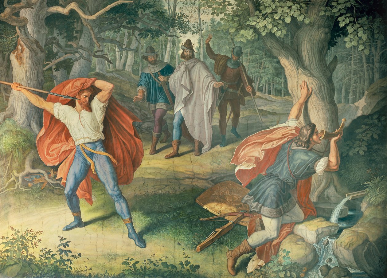 Hagen zabíjí Siegfrieda u fontány, Síň Nibelungů od Julius Schnorr von Carolsfeld