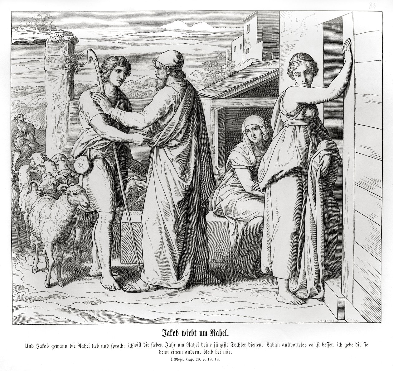 Jákob žádá Labana o Ráchel jako svou manželku, Genesis od Julius Schnorr von Carolsfeld