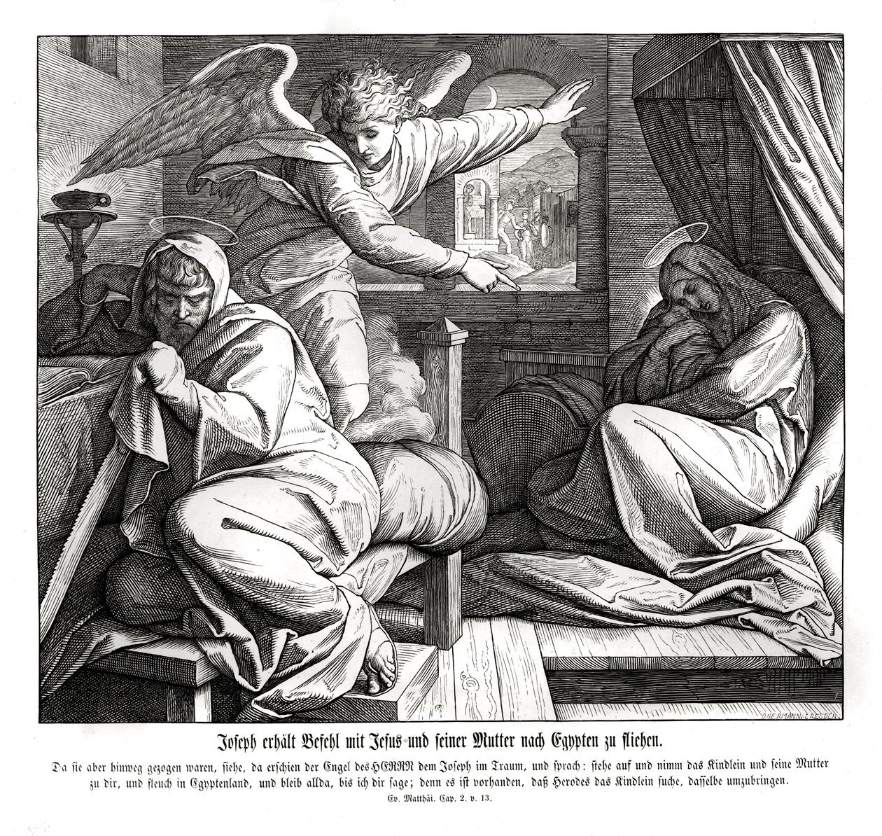 Josef je varován, aby utekl do Egypta, evangelium podle Matouše od Julius Schnorr von Carolsfeld