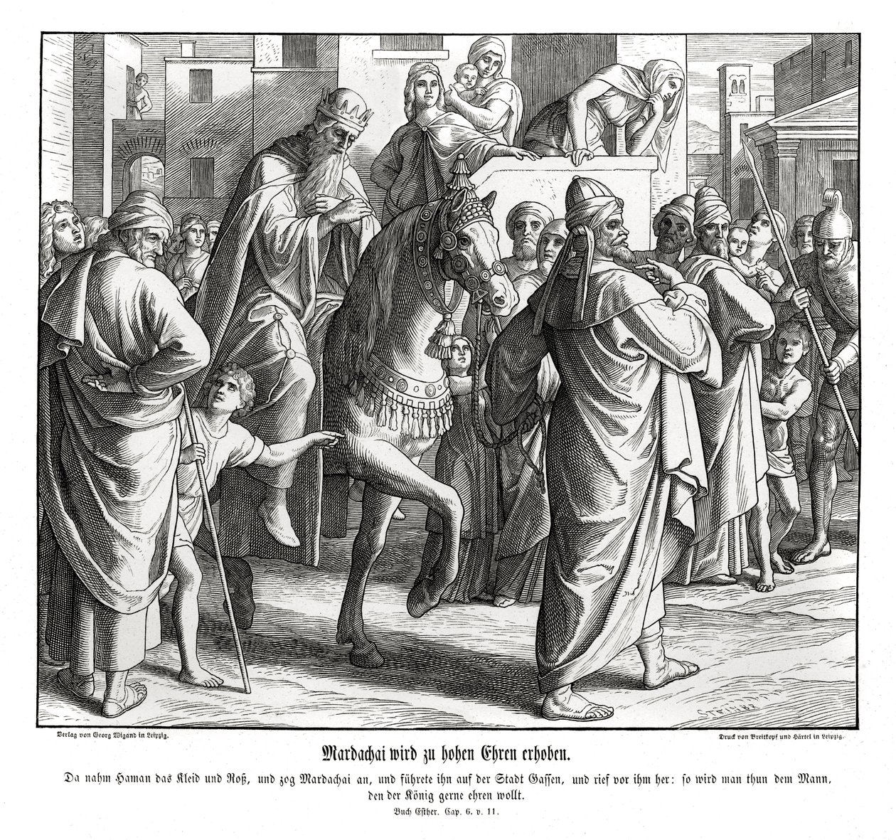 Mordechaj je poctěn králem Esther od Julius Schnorr von Carolsfeld