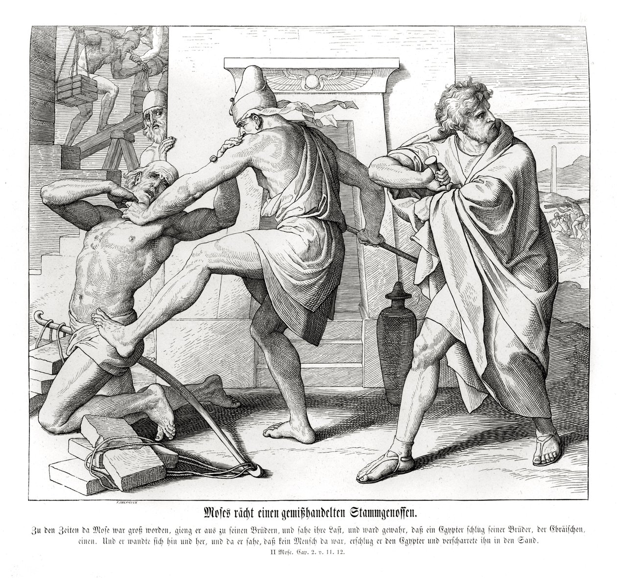 Mojžíš pomstí špatné zacházení se svými bratry, Exodus od Julius Schnorr von Carolsfeld