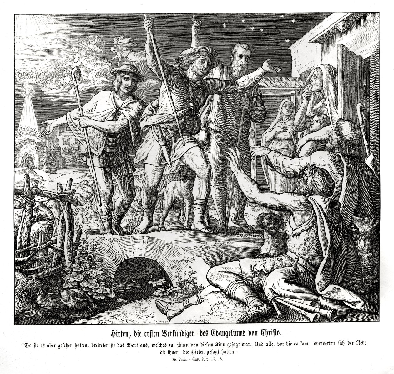 Pastýři šíří evangelium, evangelium Lukášovo od Julius Schnorr von Carolsfeld