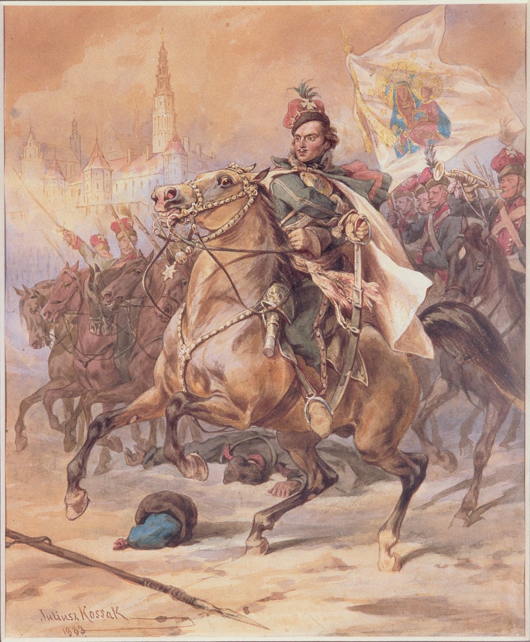 Kazimierz Pulawski (1747-79) v bitvě u Čenstochové, prosinec 1770, 1883 (wc na kartonu) od Juliusz Fortunat Kossak