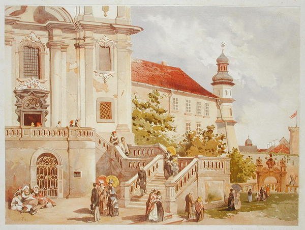 Kostel sv. Michael a Paulin, Krakov, z „Krahokamy města Krakova“, vydané 1899 (barevné lito) od Juliusza and Tondosa Stanislawa Kossaka