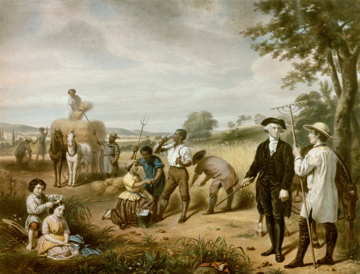 Farmář Washington: George Washington (1732-1799) na polích Mont Vernon, jeho plantáž v hraběti z Fairfax ve Virginii. V levém dolním rohu jsou zastoupeny její dvě nevlastní děti, John a Martha Parke Custisovi. Litografie od Junius Brutus Stearns