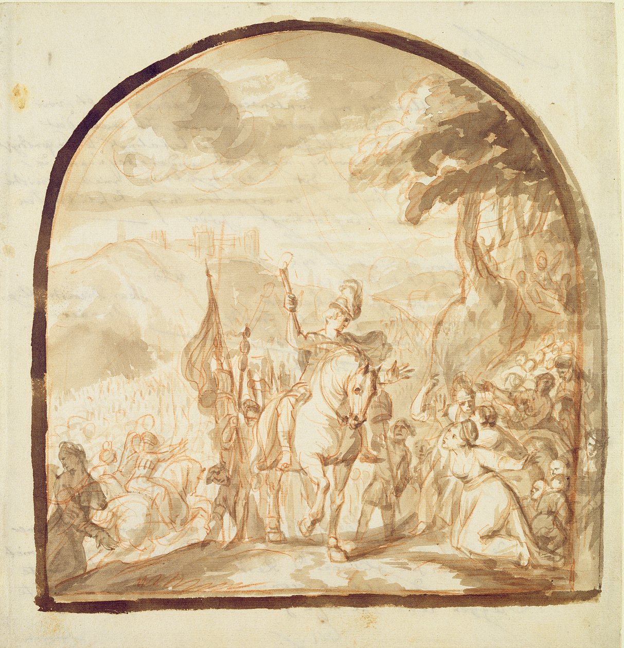 Claudius Civilis Leaving the Women and Children jít a bojovat v Xanten, 1662 (pero a hnědý inkoust a křída na papíře) od Jürgen Ovens