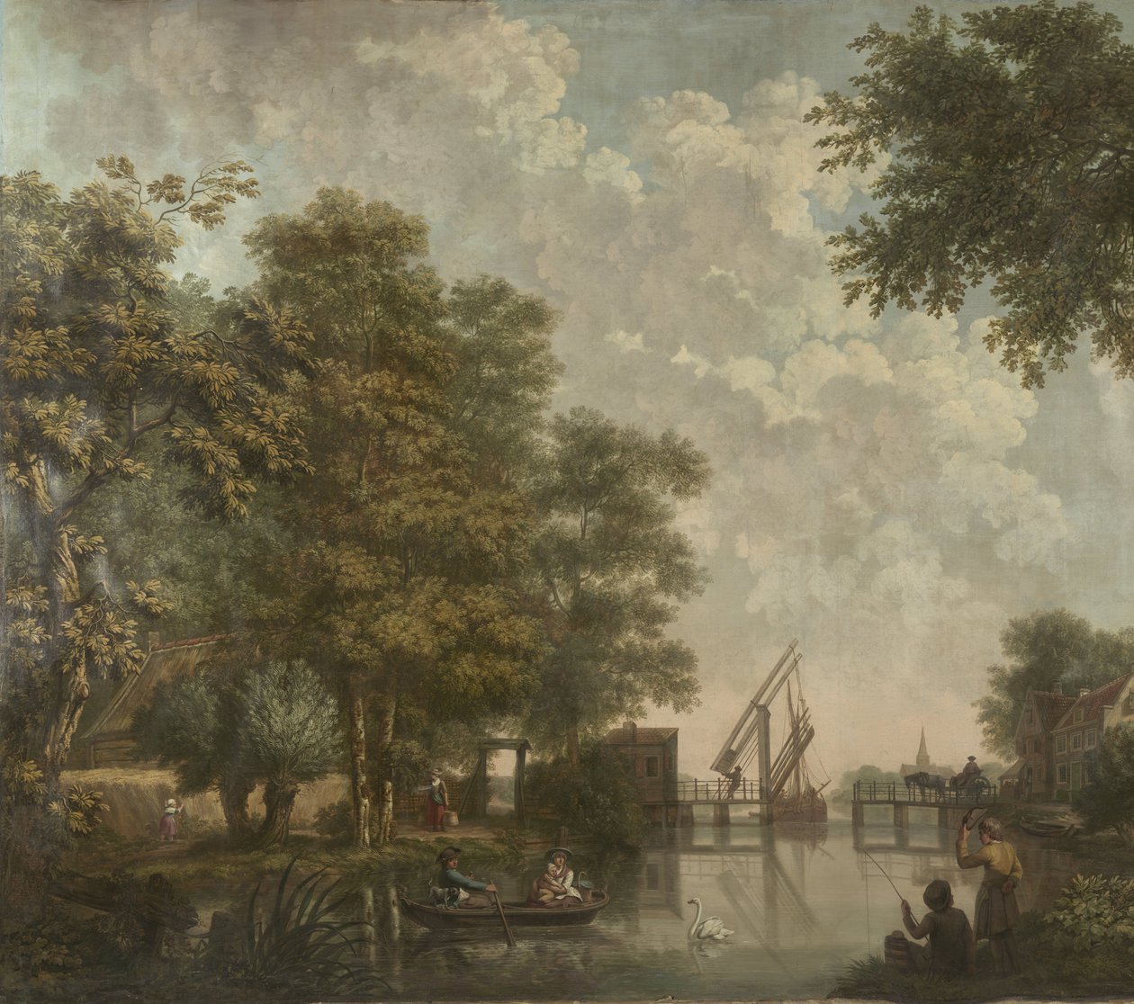 Tři nástěnné tapety s holandskou krajinou Tapetová malba holandské krajiny s otevřeným mostem Tři tapety holandské krajiny od Jurriaan Andriessen (attributed to)