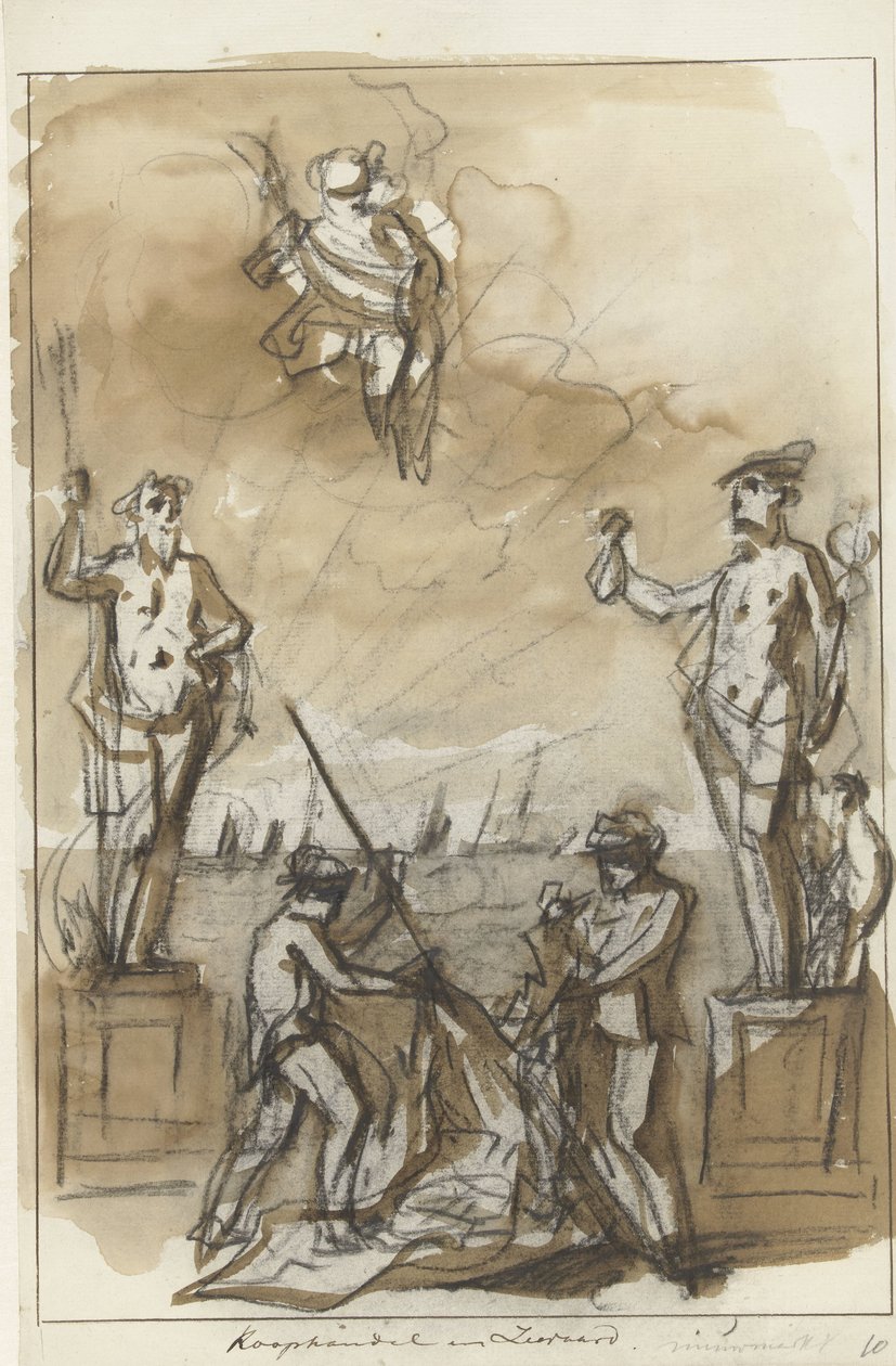 Obchod a doprava, dekorace na Nieuwmarkt, 1795 Obchod a mořeplavectví (název na objektu) od Jurriaan Andriessen