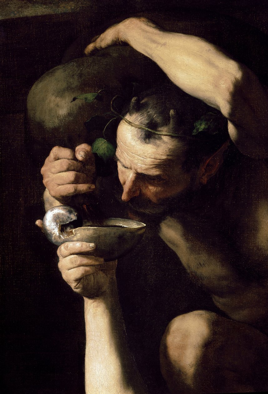 Drunk Silenus - The Drunk Silene (Detail). Obraz od Jose (Josepha) z Ribery, od Spagnoletta (1591-1652) od Jusepe de Ribera