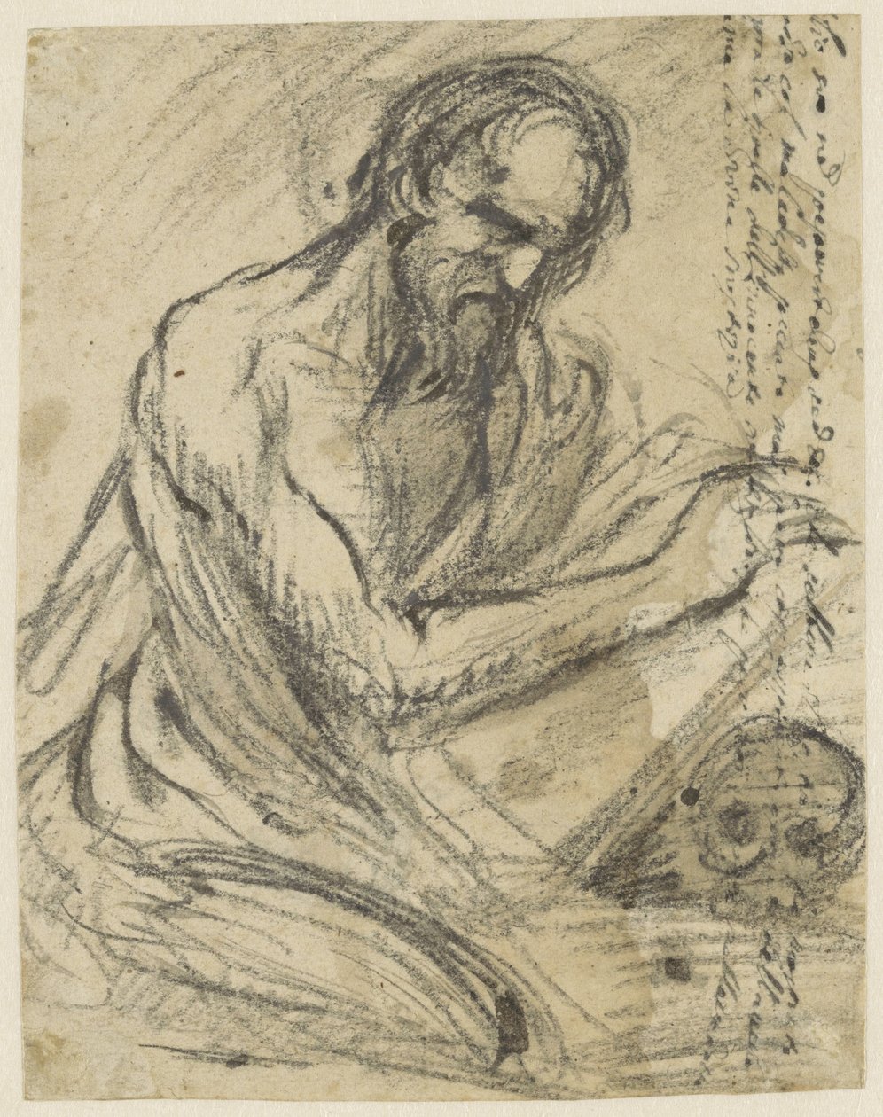 H. Hieronymus, píšící do knihy, kterou drží nad lebkou od Jusepe de Ribera