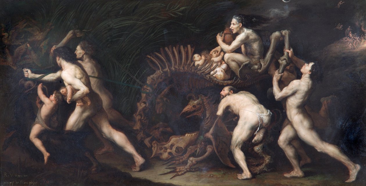La Carcasse: Čarodějnice kreslená na kostře netvora, před cca 1620 (olej na mědi) od Jusepe de Ribera