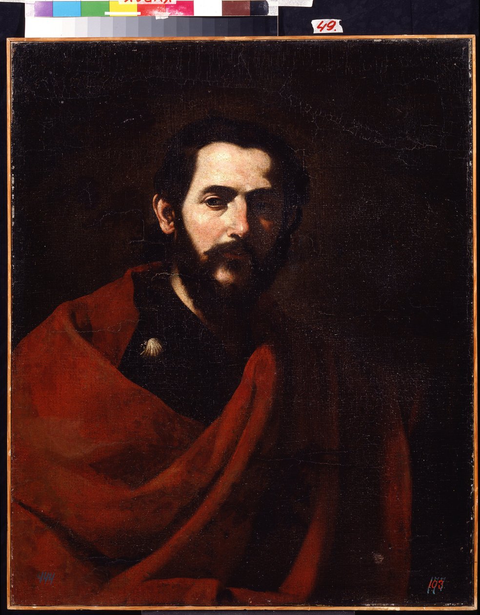 Apoštol svatý Jakub Větší (Apoštol svatý Jakub Veliký). Portrét Jacquese de Zebedee, jednoho z dvanácti Kristových učedníků. Obraz od Jose de Ribera s názvem il Spagnoletto "Španěl"" (1591-1652). Olej na plátně. Španělské umění, barokní styl. R od Jusepe de Ribera