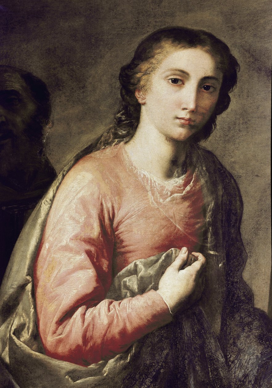 Panna. Detail Svaté rodiny se svatým Brunem z Kolína nad Rýnem a dalšími světci. Obraz od Jose (Jusepe) z Ribery, dit lo Spagnoletto (1591-1652) od Jusepe de Ribera