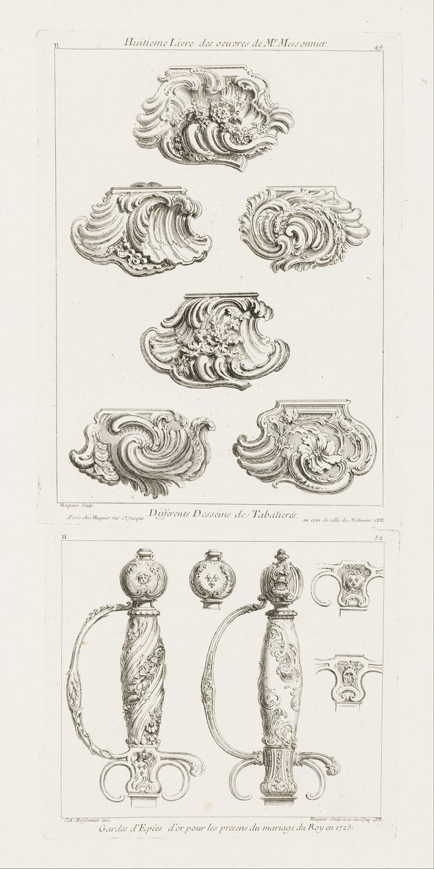 Differences Desseins de Tabatieres, Premiere Planche (Různé vzory pro tabatěrky), s. 49 v Oe ... od Juste Aurèle Meissonnier