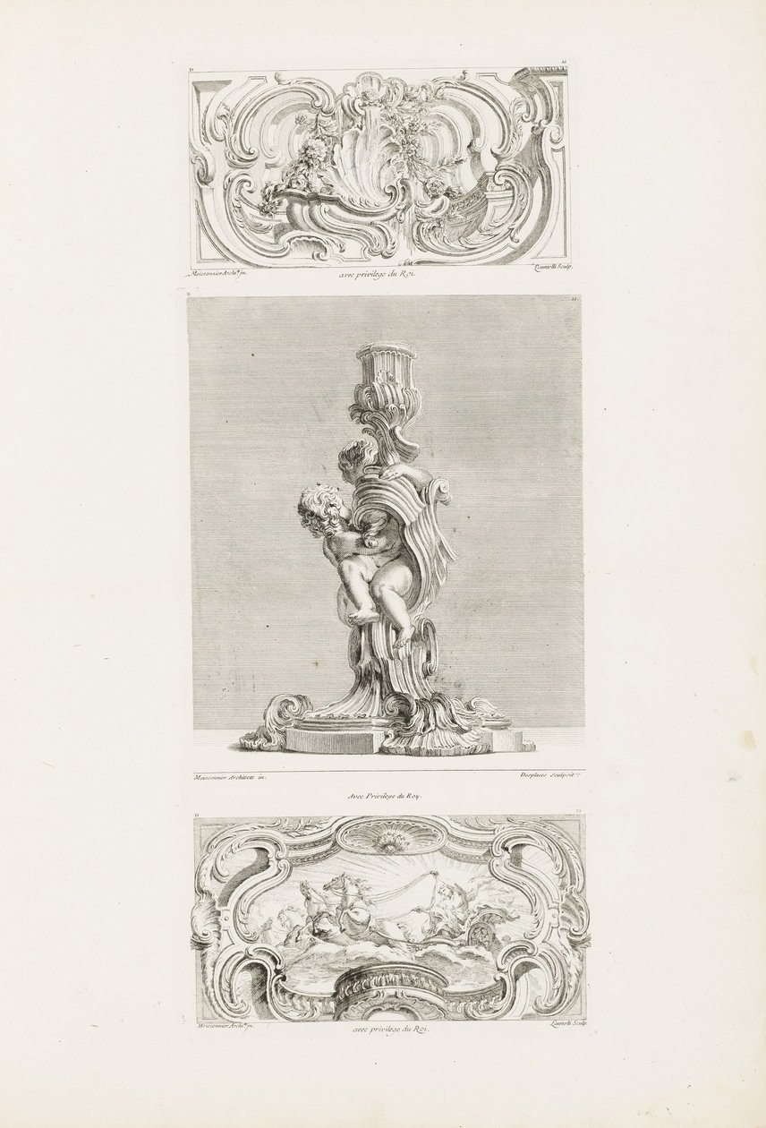 Ornament Panel with Shell Fountain lemovaný Garlands and Volutes, pl. 22 v Oeuvre de Juste-Aurèle ... od Juste Aurèle Meissonnier