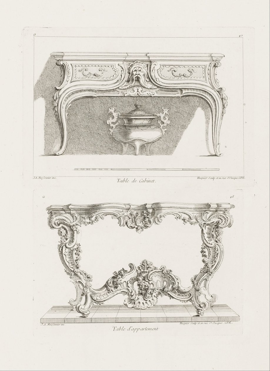 Table de Cabinet., 6. deska (studie pro stůl), pl. 47 v díle Oeuvre od Juste Aurèle Meissonnier