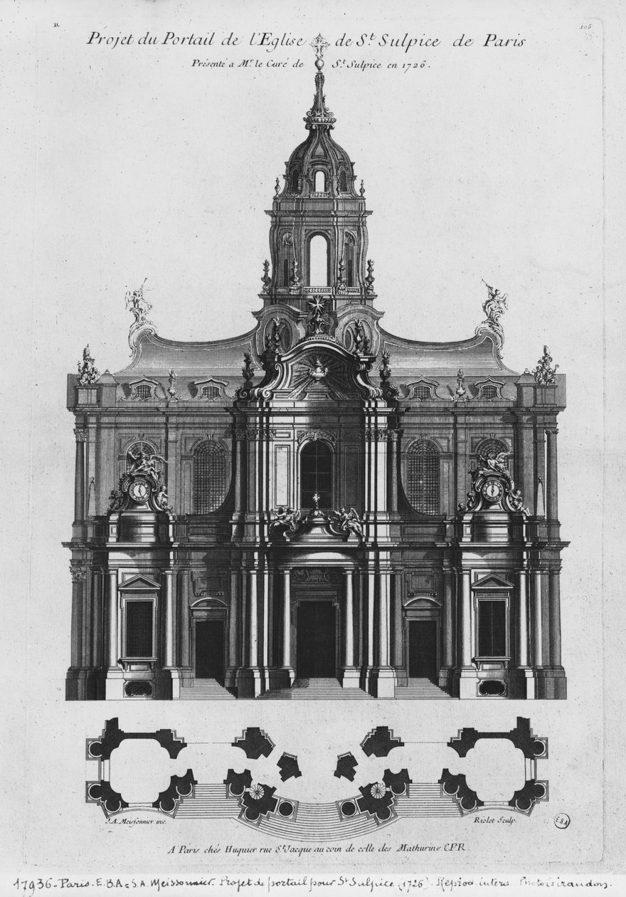Projekt kostela Saint-Sulpice, průčelí, Paříž, vyryto Rioletem, 1726 (černobílá fotografie) od Justin Aurele Meissonier