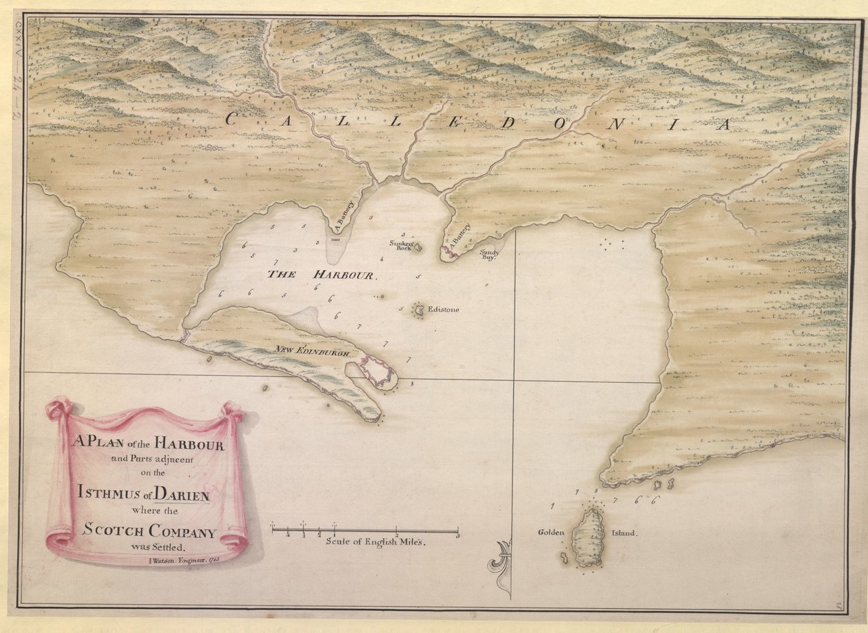 PLÁN PŘÍSTAVU a přilehlých částí na ostrově DARIEN, kde se usadila společnost SCOTCH COMPANY. / I. Watson: Inženýr: 1743. od Justly Watson