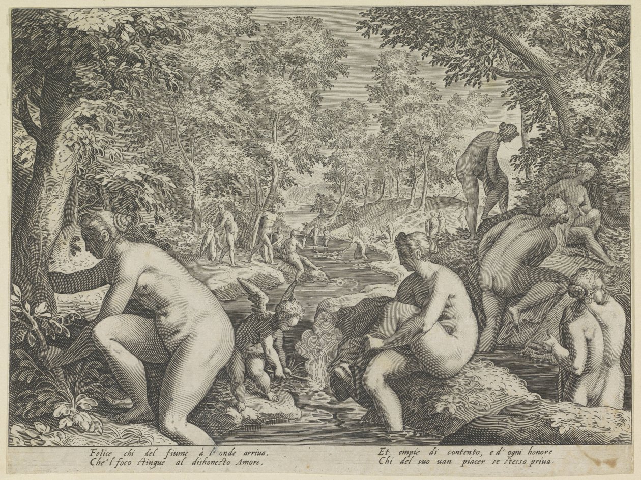 Koupání žen a mužů Amore Letheo Různé aspekty lásky (název série) od Justus Sadeler (attributed to)