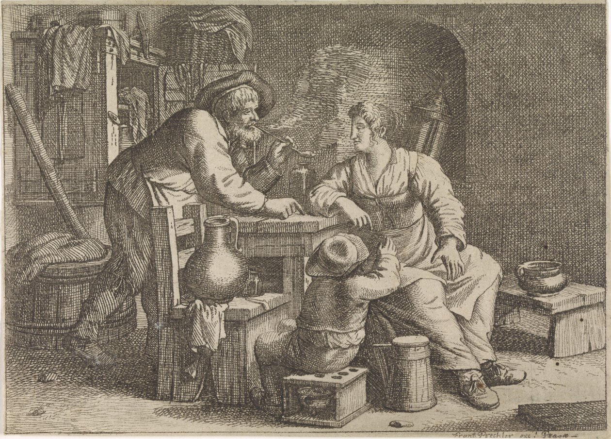 Interiér s kouřícím farmářem, ženou a chlapcem od Justus van den Nijpoort