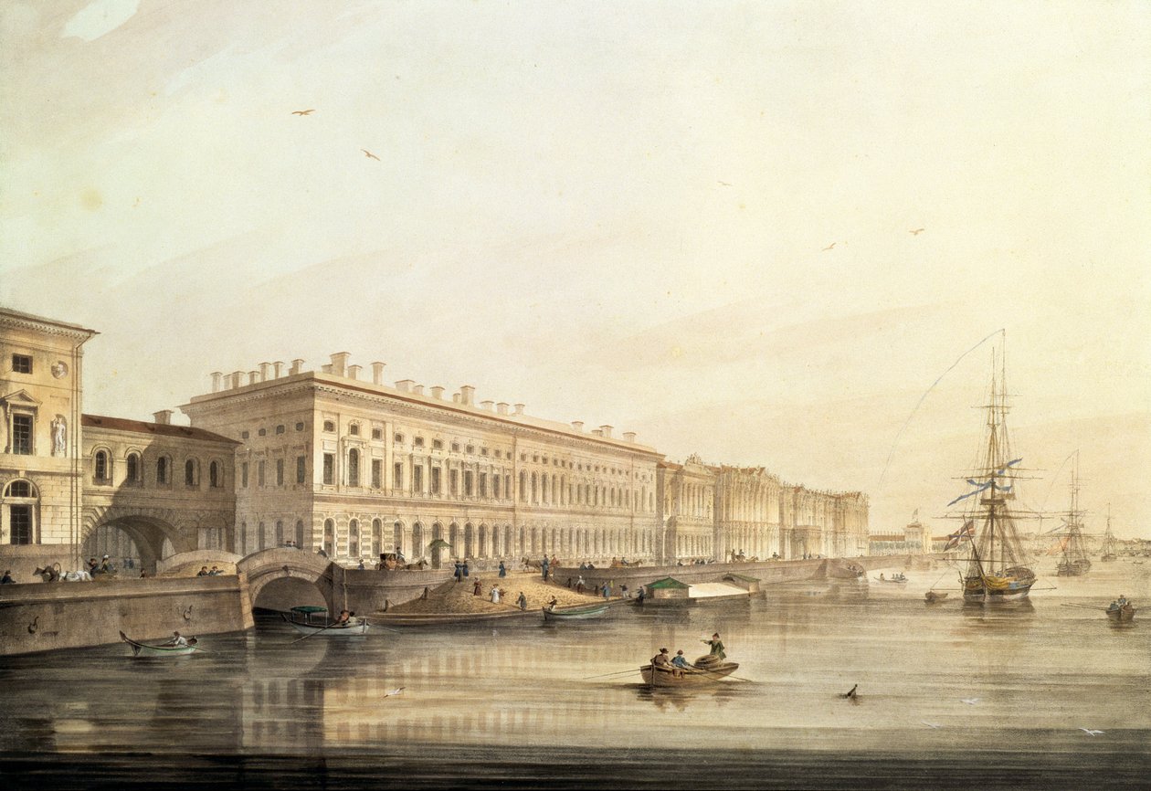 Pohled na palácové nábřeží, rytina Karla Petroviče Beggrova (1799-1875), 1826 (litografie s wc) od K. and Shiflard, S. Sabat