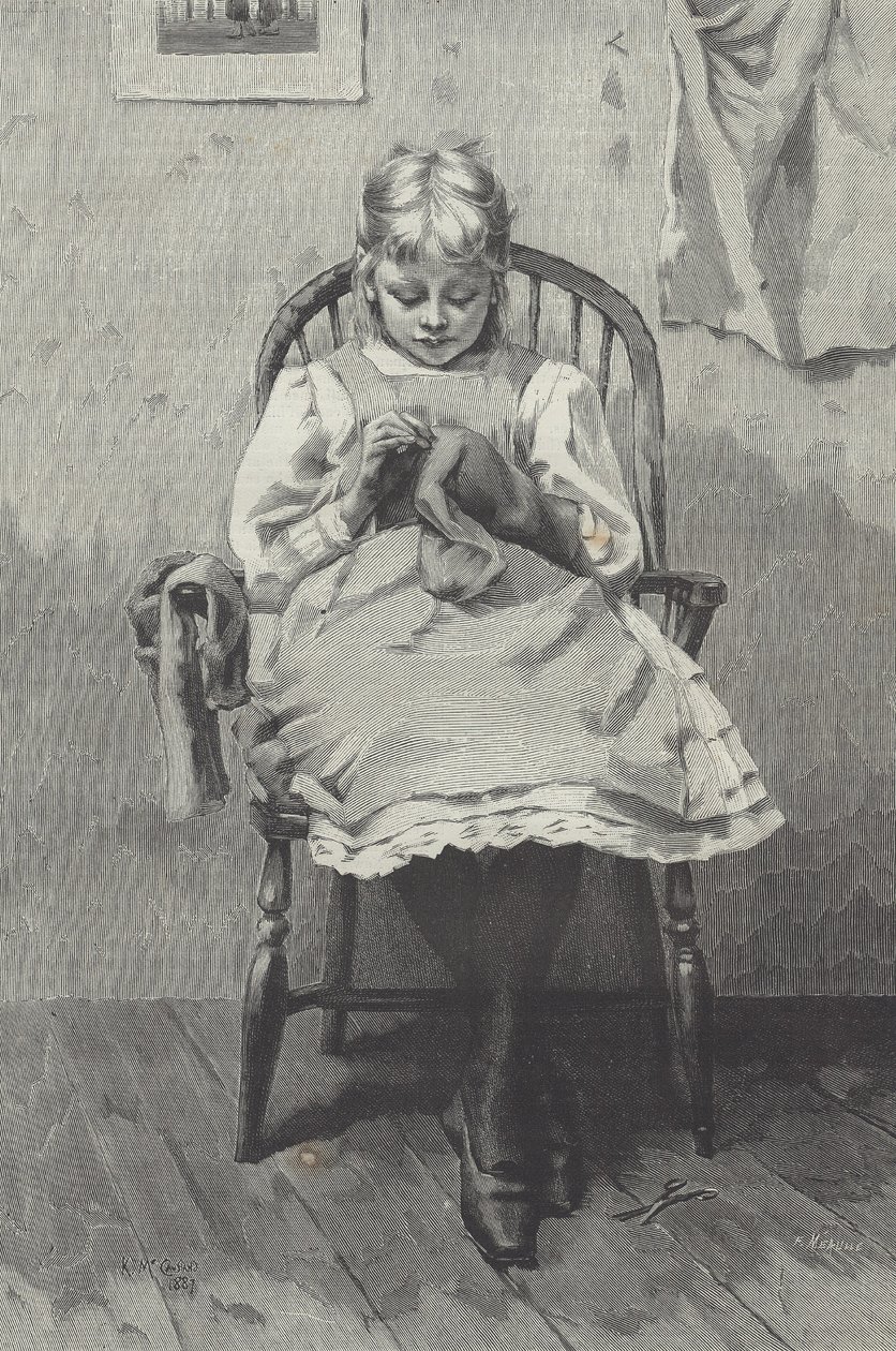 Dospívající švadlena, rytina Fortuné Méaulle (1844-1901) (rytina) od K. McCausland