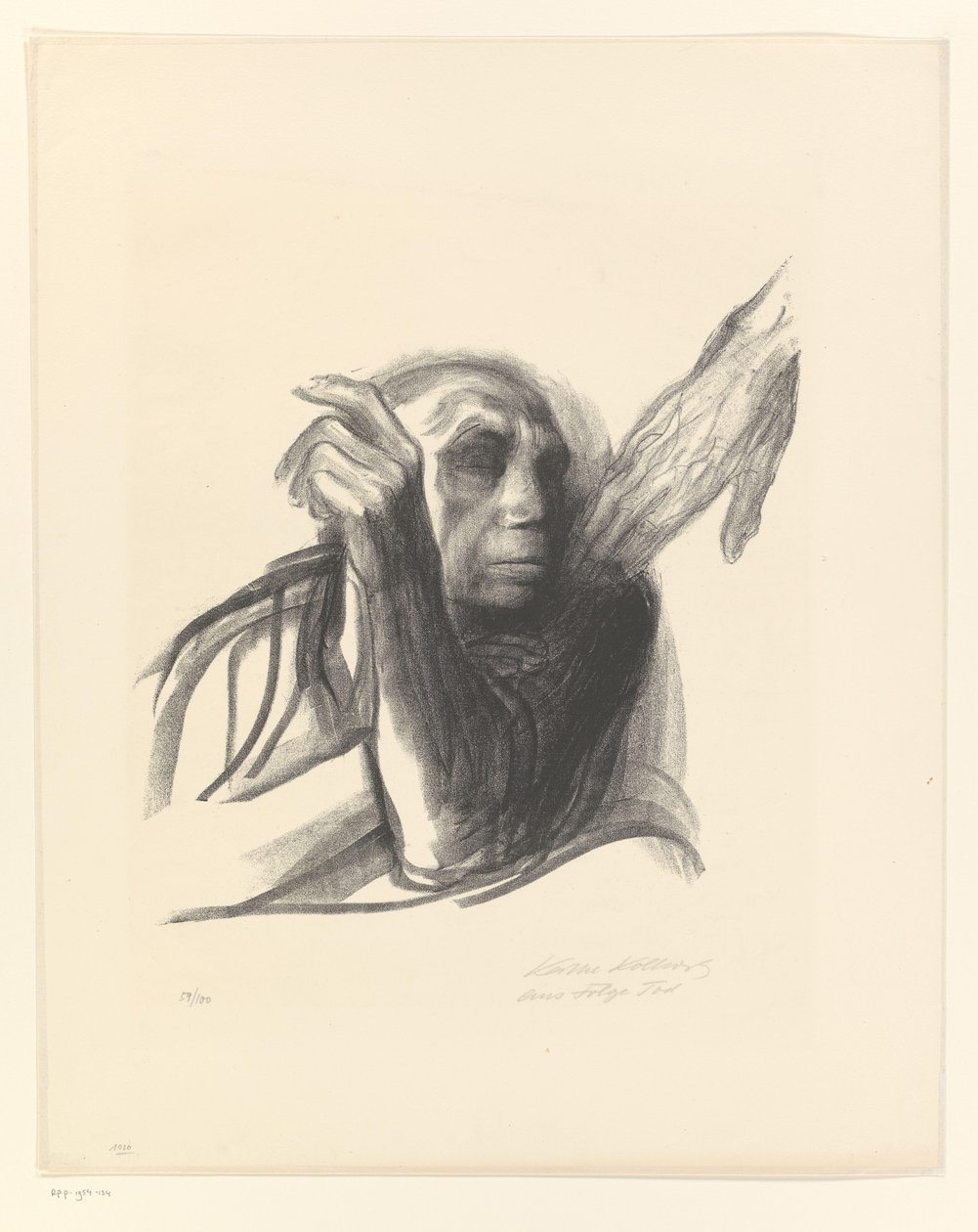 Käthe Kollwitz jako stará žena s rukou na rameni Ruf des Todes (původní název) Smrt (název seriálu) Tod (původní název série) od Käthe Kollwitz (signed by artist)