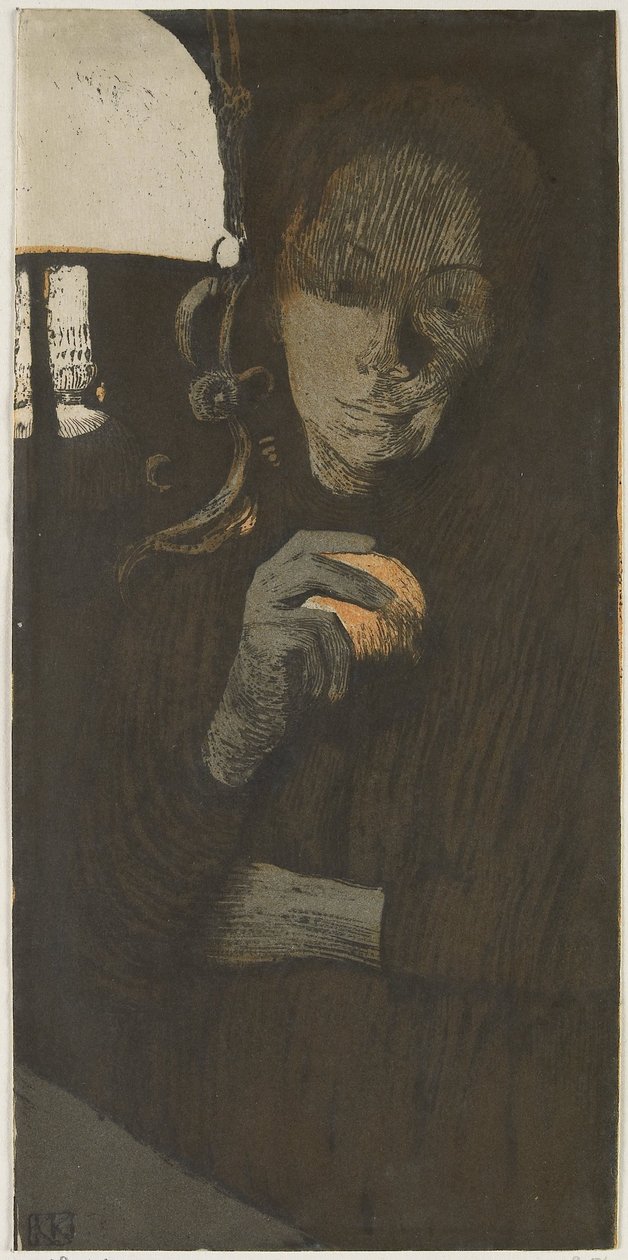 Portrét neznámé ženy s oranžovou u lampy Frau mit Orange (původní název) od Käthe Kollwitz