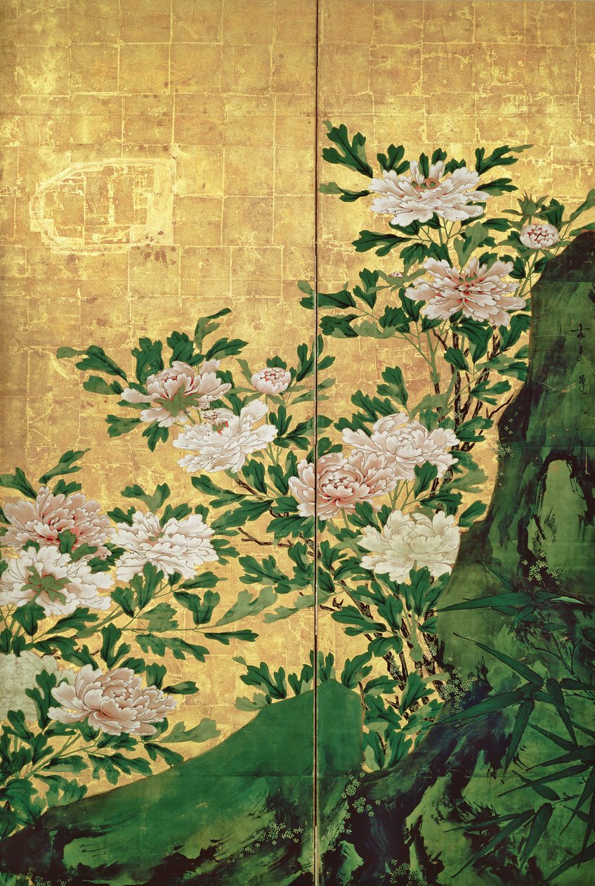 Detail květin (inkoust, barvy a zlato na papíře) od Kaiho Yusho