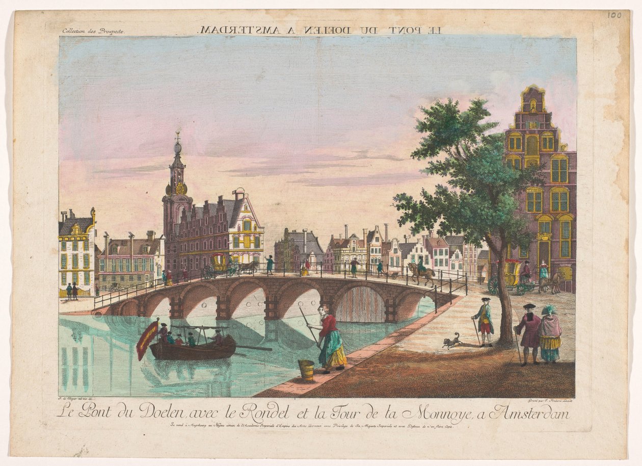 Pohled na Doelenbrug přes Amstel v Amsterdamu Le Pont du Doelen a Amsterdam (název na objektu) od Kaiserlich Franziskische Akademie