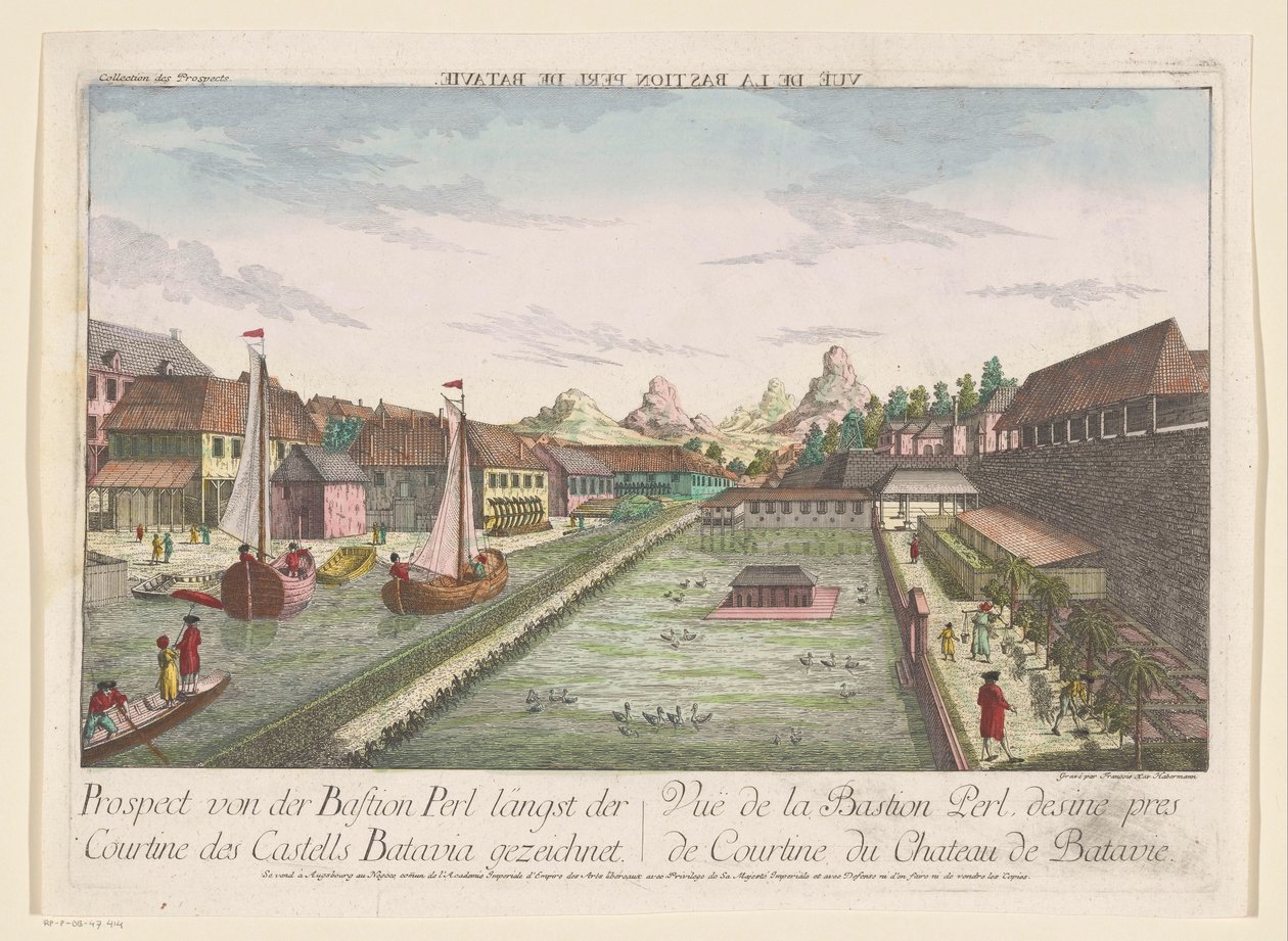 Pohled na nárožní baštu Parel, část hradu Batavia Prospect von der Bastion Perl längst der Courtine des Castells Batavia gezeichnet (název na objektu) od Kaiserlich Franziskische Akademie