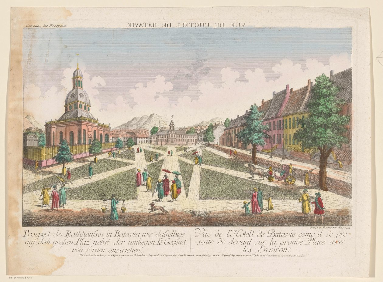 Gezicht op het stadhuis en de Nieuwe Hollandse Kerk te Batavia Vyhlídka radnice v Batavia jako stejná na velkém placu a okolí Fornenu (název na objektu) od Kaiserlich Franziskische Akademie