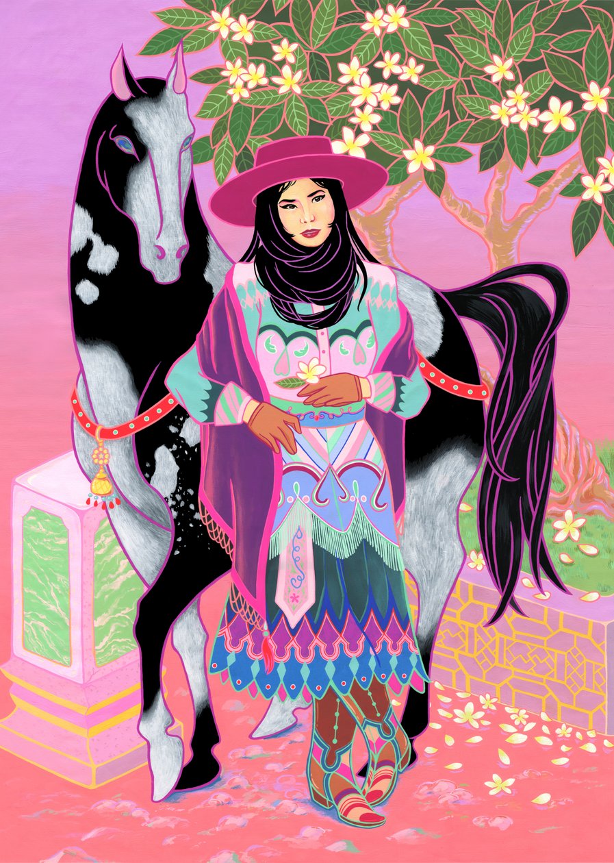 Cantones Cowgirl Waiting Under Plumeria, 2020 (akryl na bavlně) od Kam Tsz
