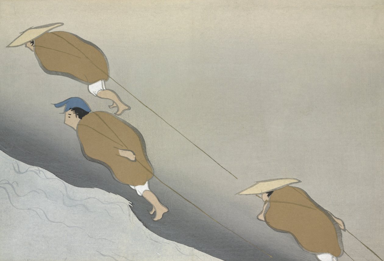 Hikifune, z Momoyo-gusa (Svět věcí) sv. II, pub. 1909 (barevný dřevořez) od Kamisaka Sekka