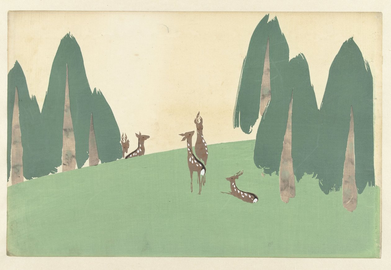 Jelen Kasugano, 1909 (dřevotisk) od Kamisaka Sekka