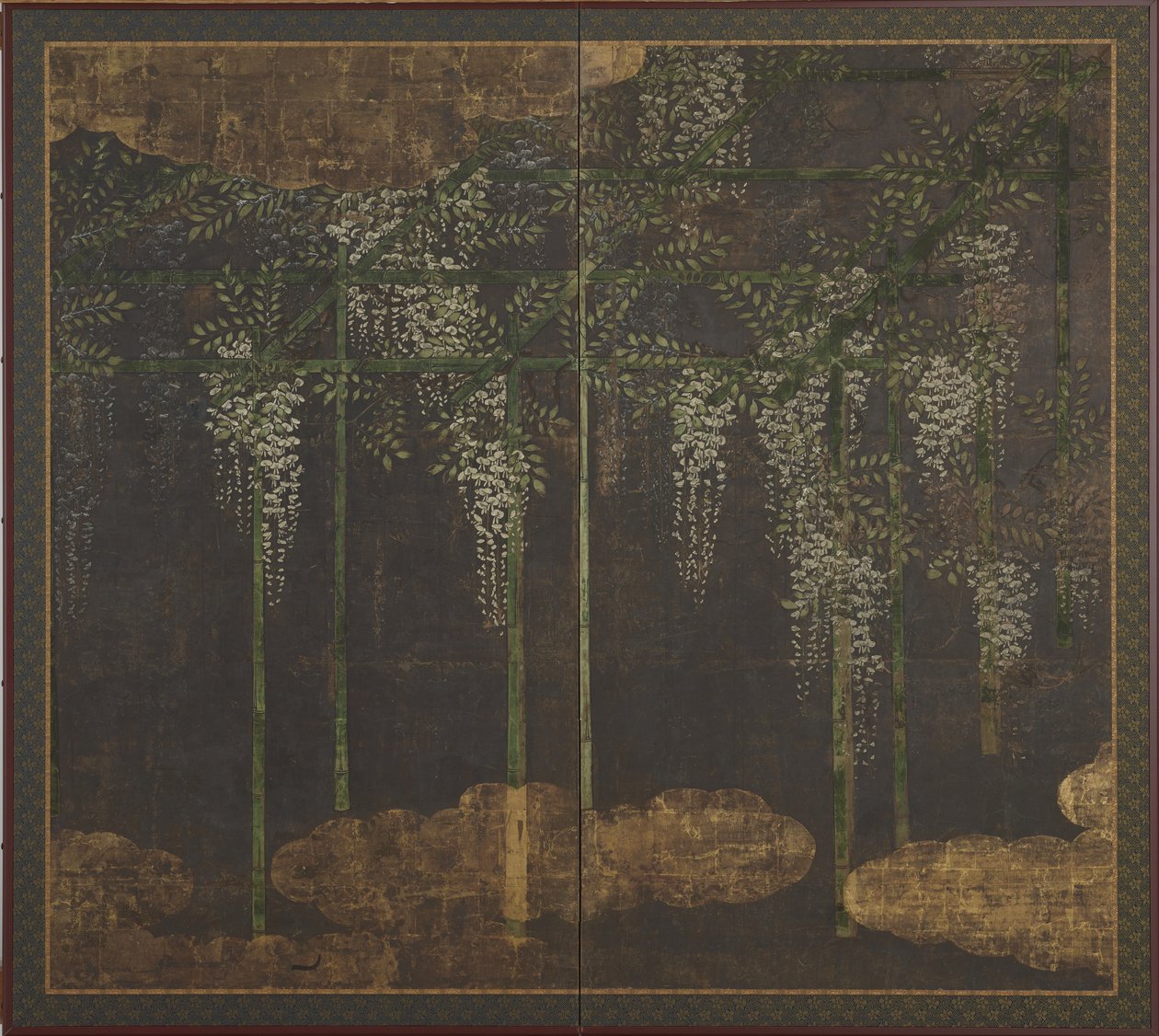 Kvetoucí vistárie na bambusové mříži, Screen (dvoupanelové), 16.-17. století (barva, zlato a stříbro na papíře) od Kano Eitoku