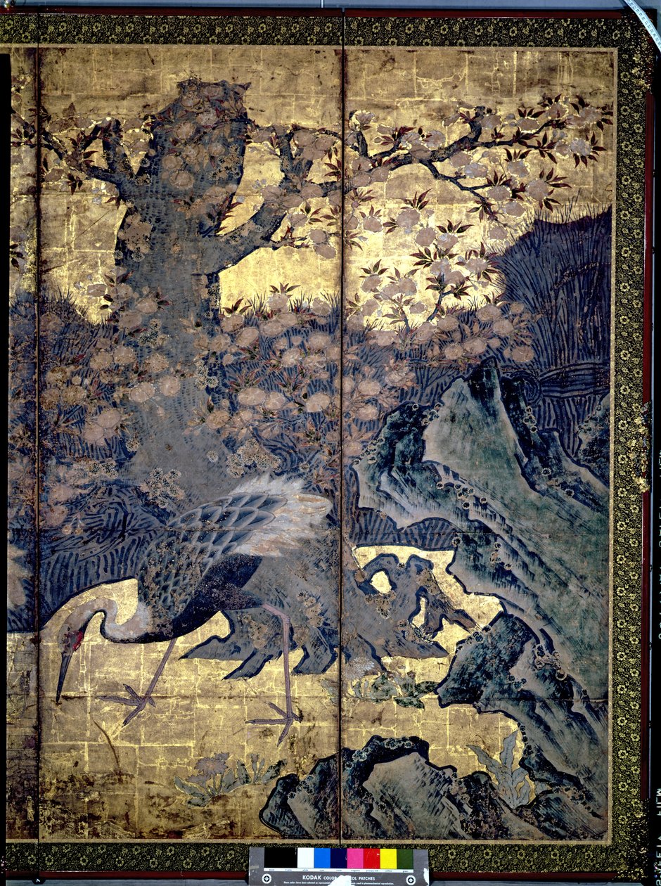 Ptáci a květiny čtyř ročních období (pero a inkoust, barva, zlatý papír na panelu) (viz 216555, 216554) od Kano Soshu