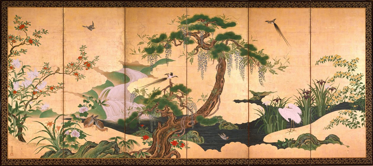 Ptáci a květiny jara a léta - Eino, Kano (1631-1697) - druhá polovina 17. stol. - Akvarel a inkoust na papíře - 153x361 - Suntory Museum of Art od Kano Eino