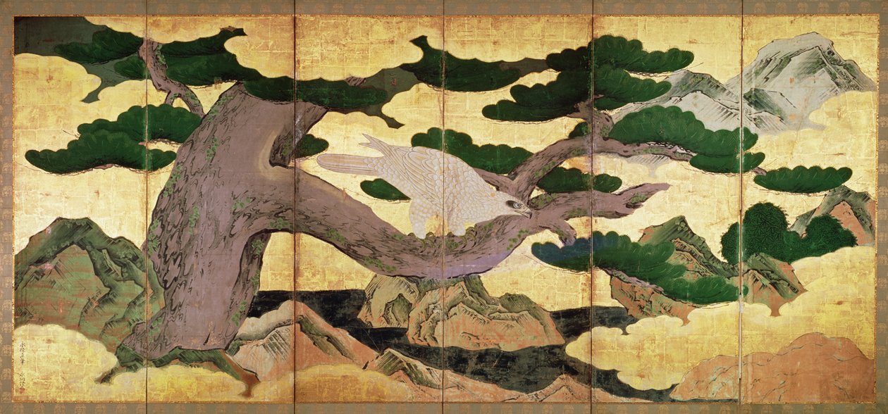 The Hawks in the Pines, 6 panelová skládací obrazovka (pero a inkoust, barva, zlatá na panelu) (viz 216562) od Kano Eitoku