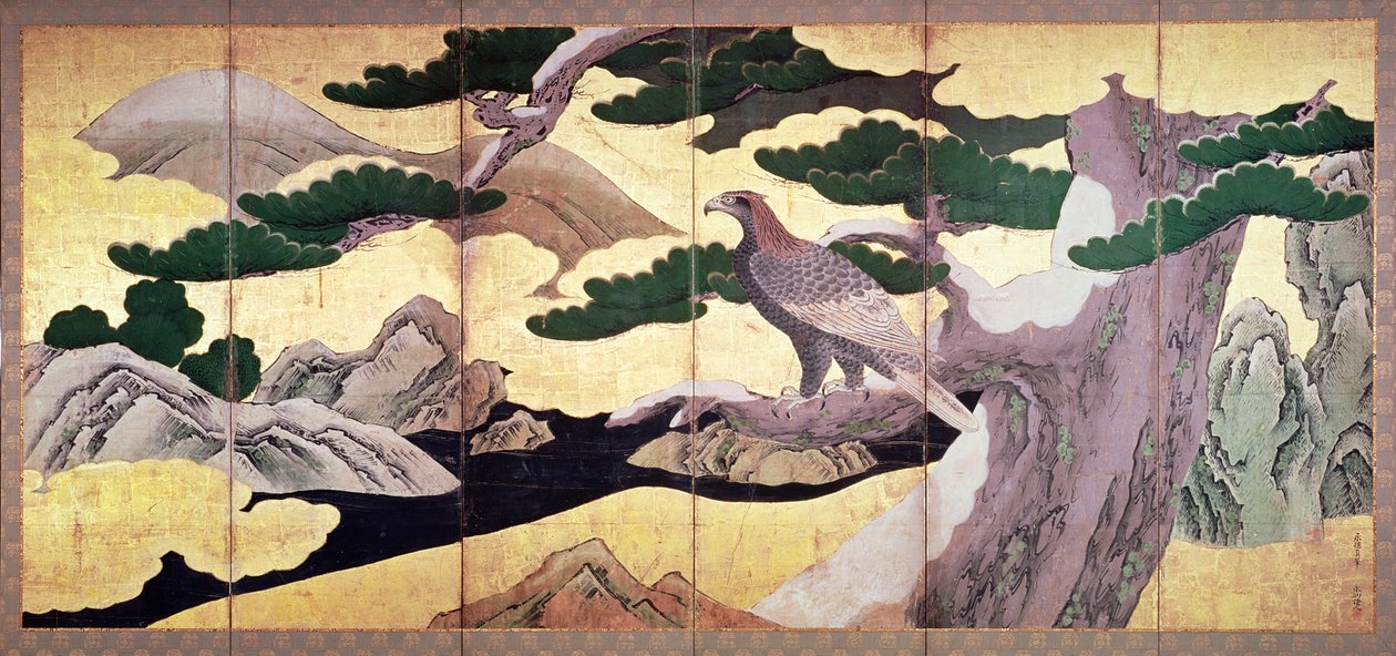 The Hawks in the Pines, 6 panelová skládací obrazovka (pero a inkoust, barva, zlato na panelu) (viz 216561) od Kano Eitoku