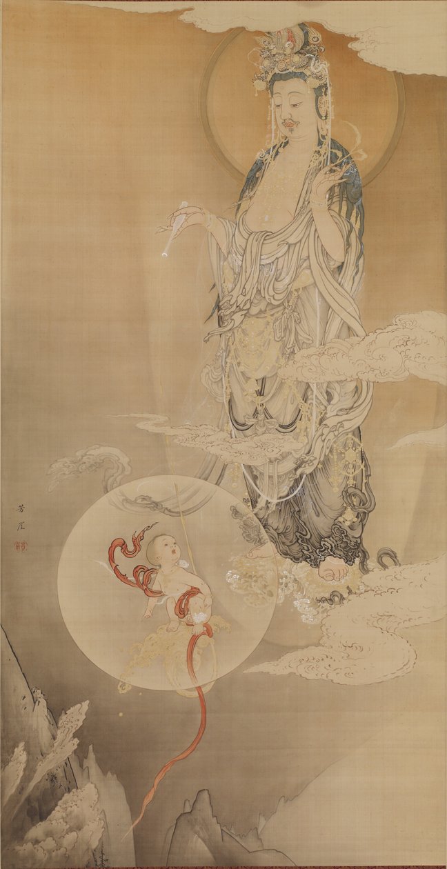 Bódhisattva Kannon, 1883 (inkoust, barva a zlato na hedvábí) od Kano Hogai