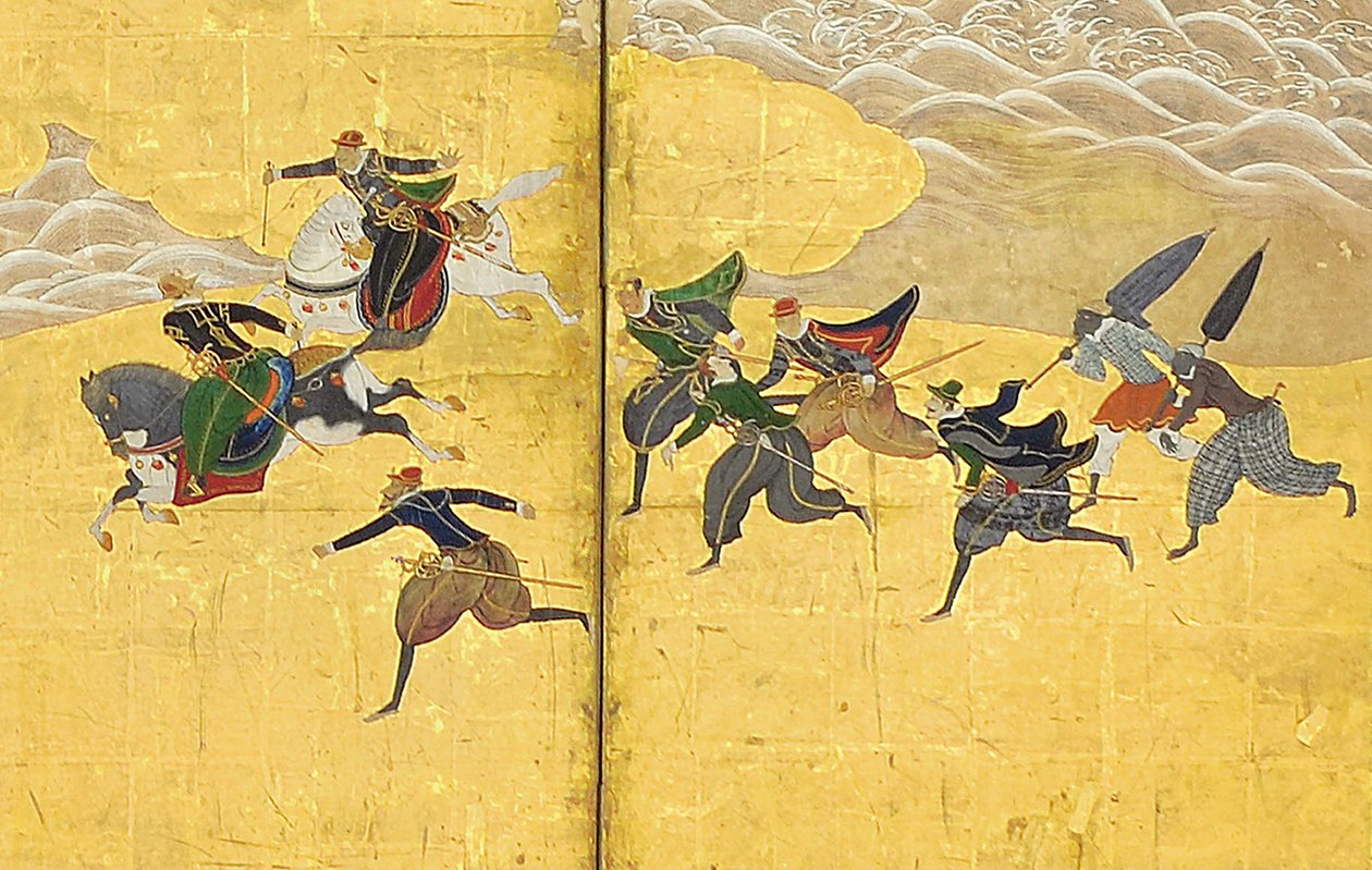 Detail of the Southern Barbarians Come to Trade, dvojice šestipanelových obrazovek, začátek 17. století od Kano Naizen