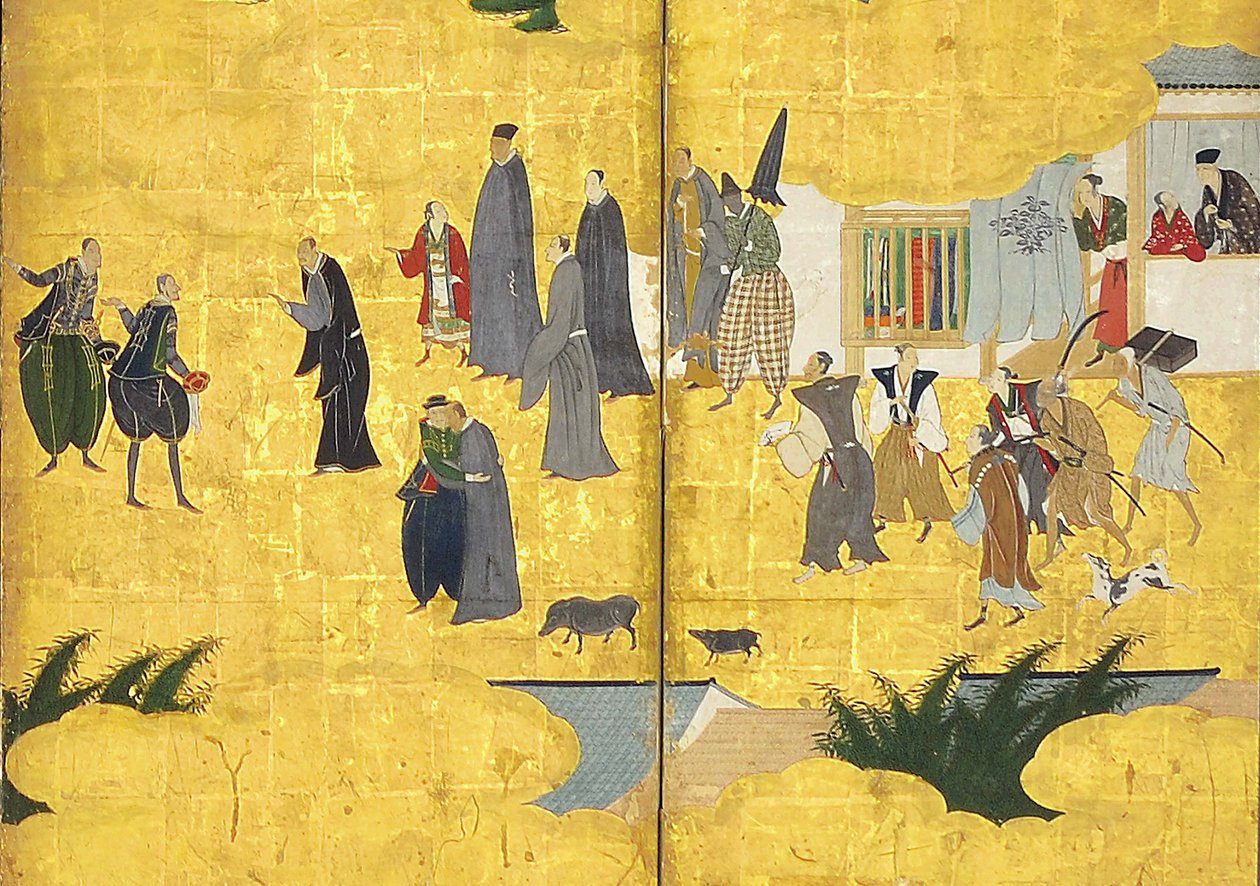 Detail of the Southern Barbarians Come to Trade, dvojice šestipanelových obrazovek, začátek 17. století od Kano Naizen