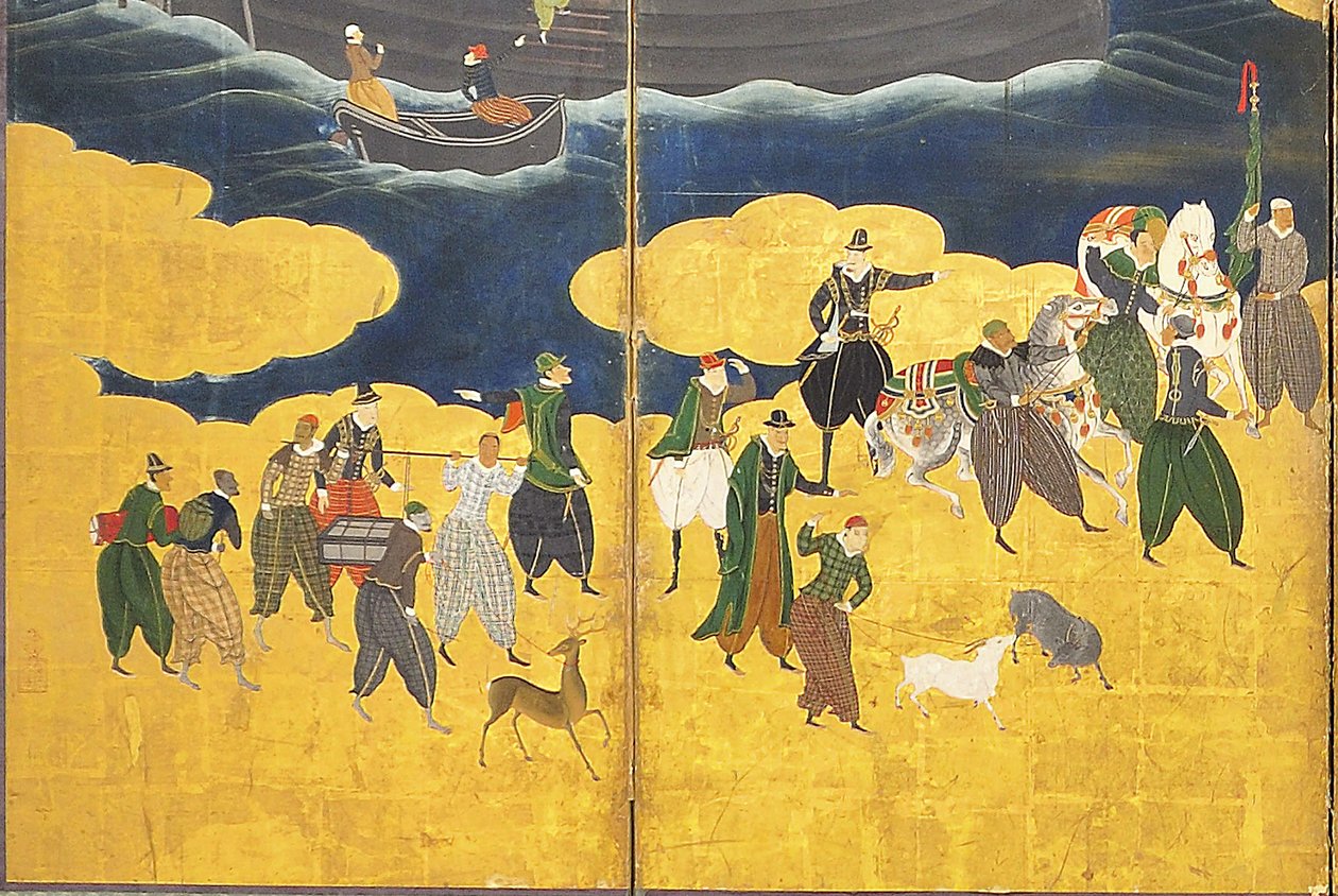 Detail of the Southern Barbarians Come to Trade, dvojice šestipanelových obrazovek, začátek 17. století od Kano Naizen