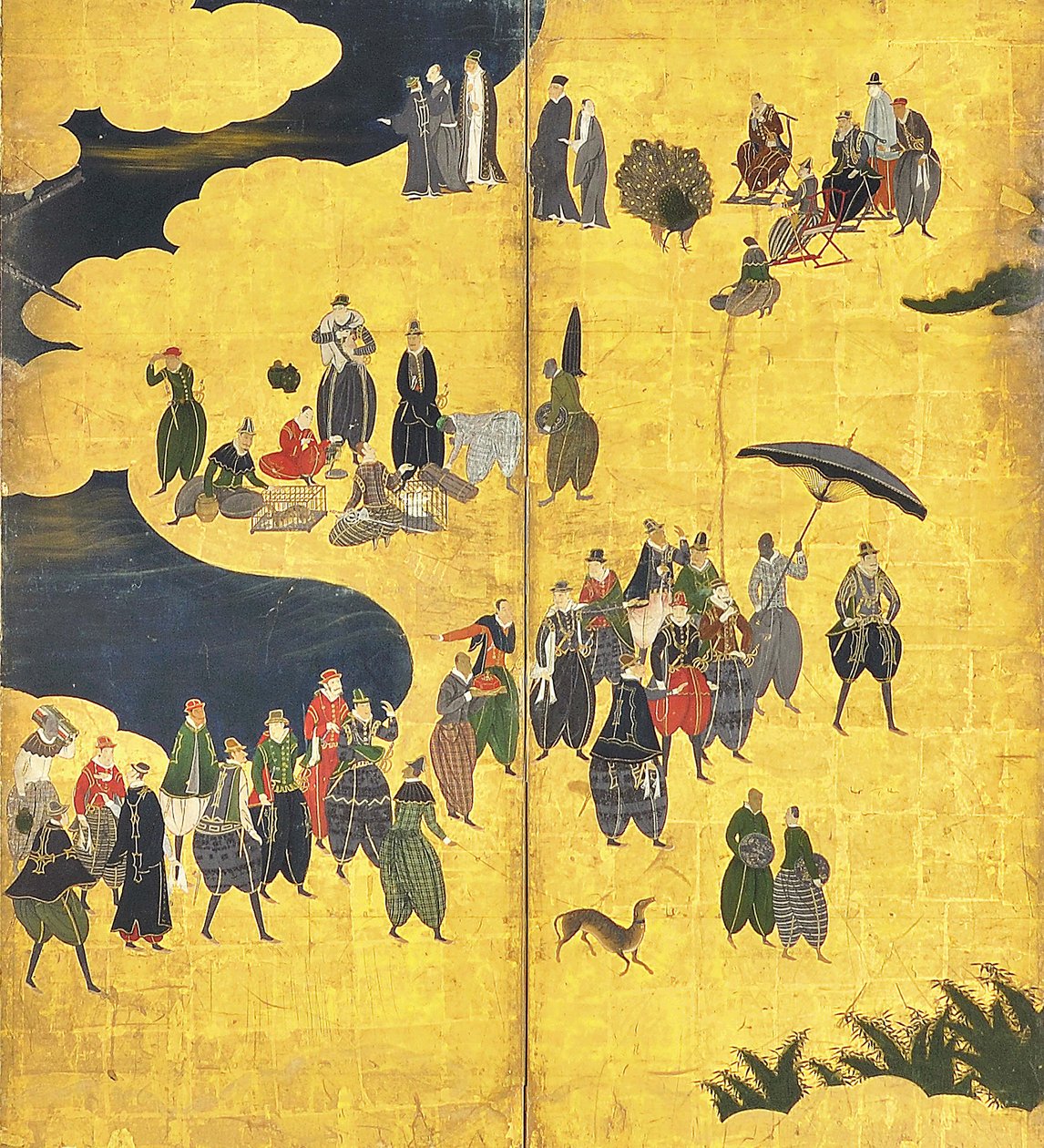Detail of the Southern Barbarians Come to Trade, dvojice šestipanelových obrazovek, začátek 17. století od Kano Naizen