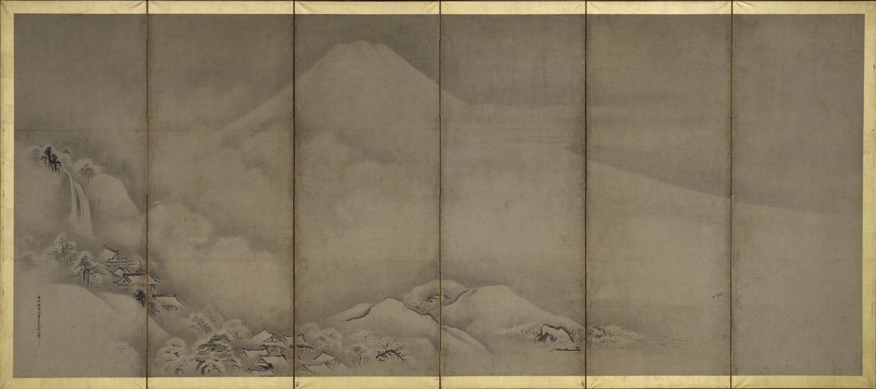 Mount Fuji a Matsubara Point, obrazovky od Kano Tanyu