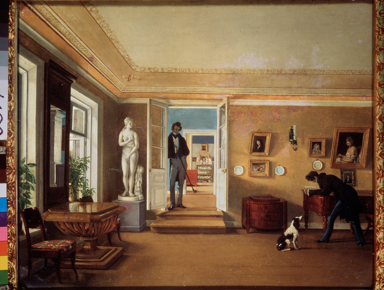 V pokoji (Muž si hraje se psem, zatímco jiný je pozoruje) - V pokoji - Obraz Kapitona Alexejeviče Zelencova (1790-1845), olej na plátně - Ruské umění od Kapiton Alekseevich Zelentsov
