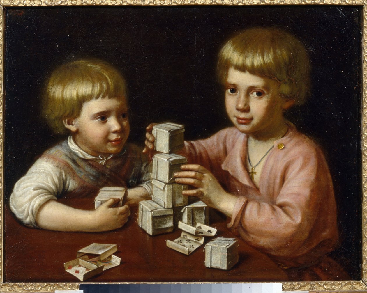 Děti si hrají (Children playing). Dva bratři, kteří vytvořili kostky z hracích karet, je skládají na stůl. Obraz Kapitona Stěpanoviče Pavlova (1792-1852), olej na plátně od Kapiton Stepanovich Pavlov